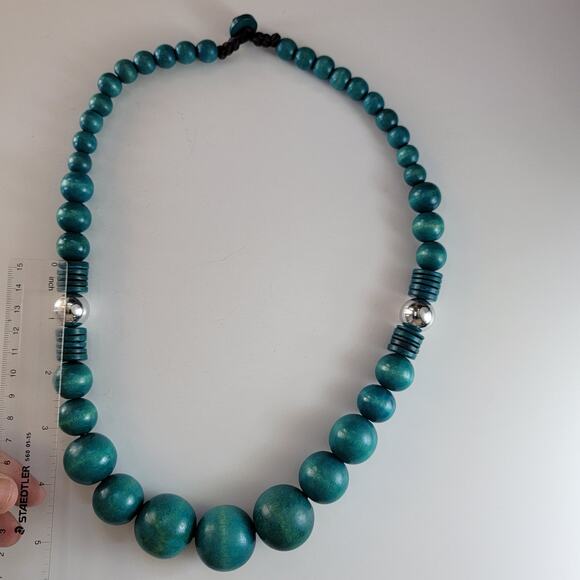 Vintage 1970s Teal Wooden Bead Necklace 27 Inch Chunky Boho Statement Jewelry - Picture 3 of 9